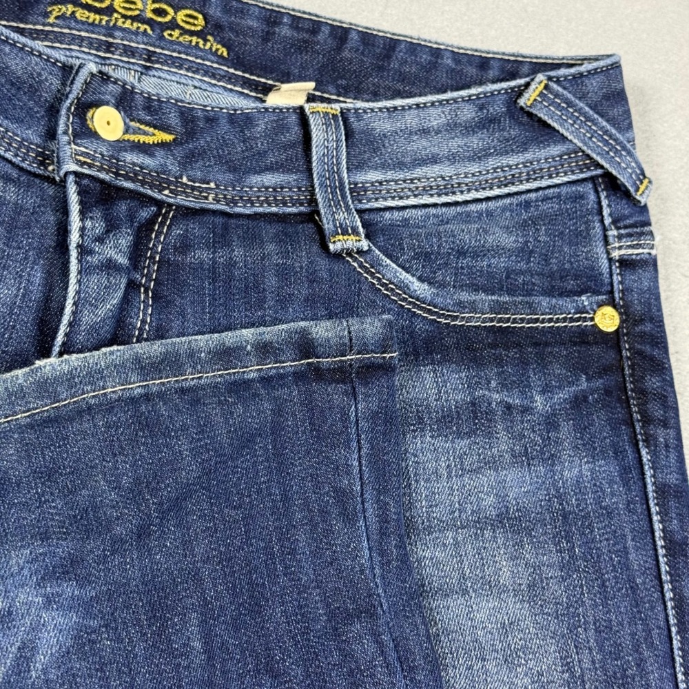 Bebe Premium Denim Charlotte Rivet Orta Flare Jeans Dark Wash Blue Stretch USA